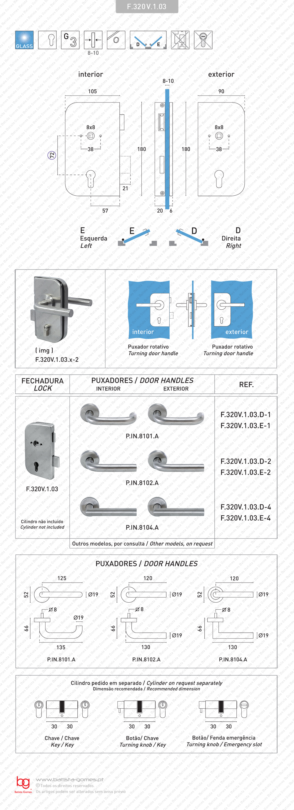 Fechadura para porta de vidro - conjuga com puxadores Rotativo / Rotativo